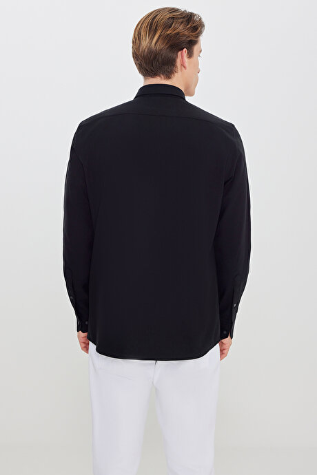 Pamuklu Slim Fit Dar Kesim Düğmeli Yaka Diagonal Desenli Flanel Siyah Gömlek resmi