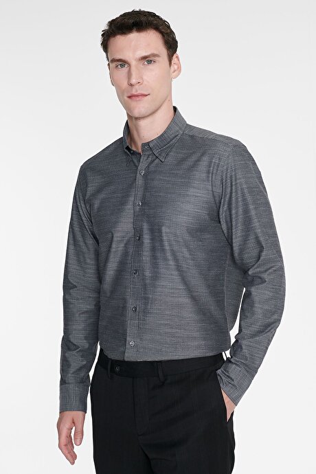 %100 Pamuk Slim Fit Dar Kesim Gizli Düğme Yaka Balıksırtı Desenli Gri-Gri Gömlek resmi