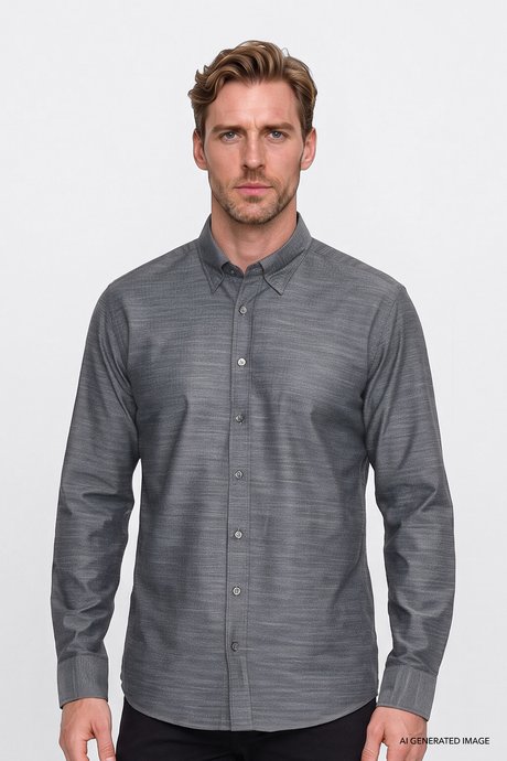 %100 Pamuk Slim Fit Dar Kesim Gizli Düğme Yaka Balıksırtı Desenli Gri-Gri Gömlek resmi