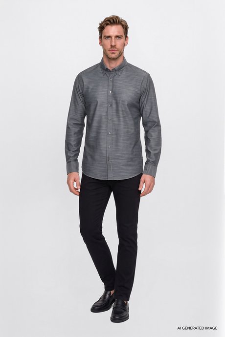 %100 Pamuk Slim Fit Dar Kesim Gizli Düğme Yaka Balıksırtı Desenli Gri-Gri Gömlek resmi