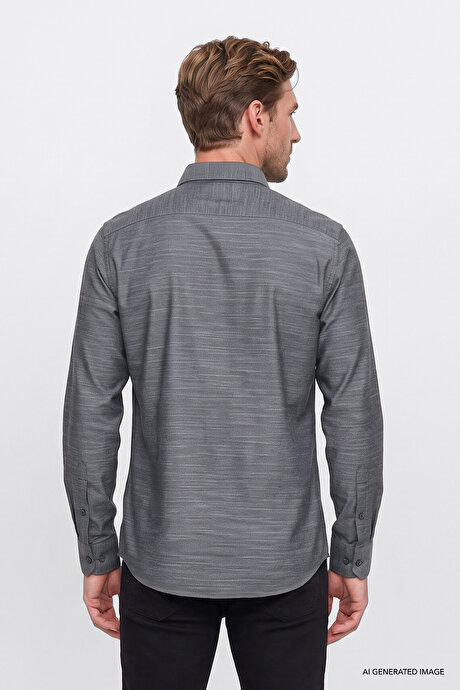 %100 Pamuk Slim Fit Dar Kesim Gizli Düğme Yaka Balıksırtı Desenli Gri-Gri Gömlek resmi