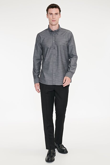 %100 Pamuk Slim Fit Dar Kesim Gizli Düğme Yaka Balıksırtı Desenli Gri-Gri Gömlek resmi