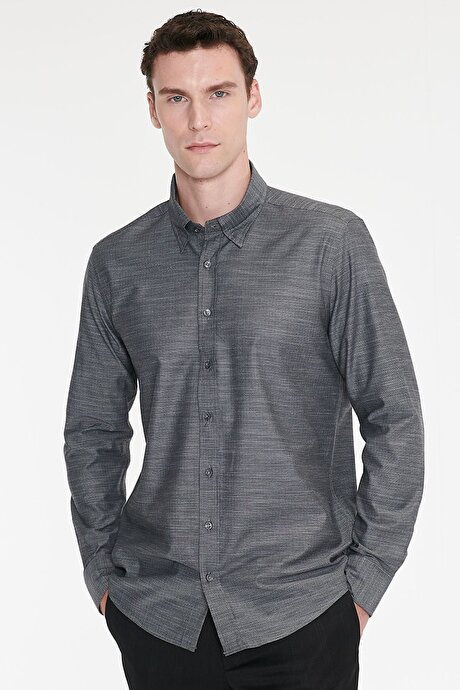 %100 Pamuk Slim Fit Dar Kesim Gizli Düğme Yaka Balıksırtı Desenli Gri-Gri Gömlek resmi