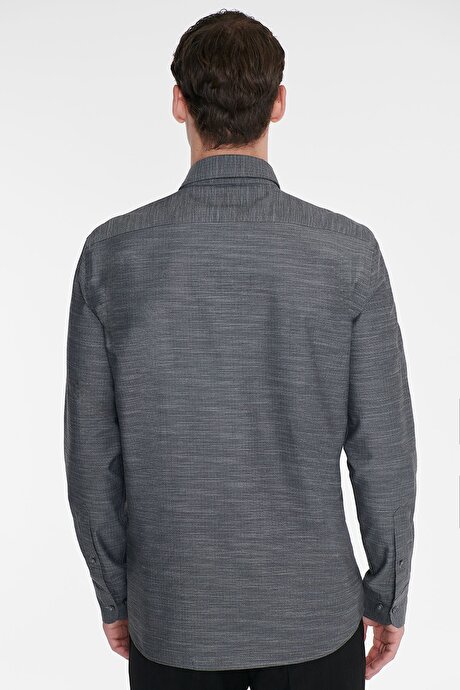 %100 Pamuk Slim Fit Dar Kesim Gizli Düğme Yaka Balıksırtı Desenli Gri-Gri Gömlek resmi