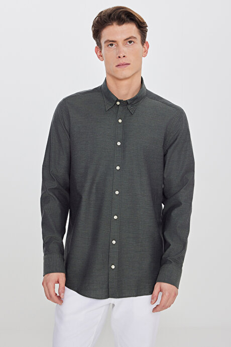 %100 Pamuk Slim Fit Dar Kesim Gizli Düğme Yaka Balıksırtı Desenli Haki Gömlek resmi