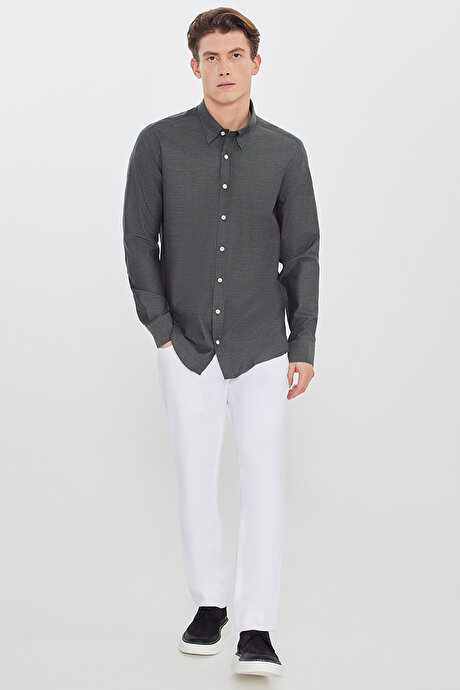 %100 Pamuk Slim Fit Dar Kesim Gizli Düğme Yaka Balıksırtı Desenli Haki Gömlek resmi