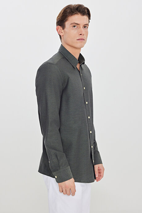 %100 Pamuk Slim Fit Dar Kesim Gizli Düğme Yaka Balıksırtı Desenli Haki Gömlek resmi