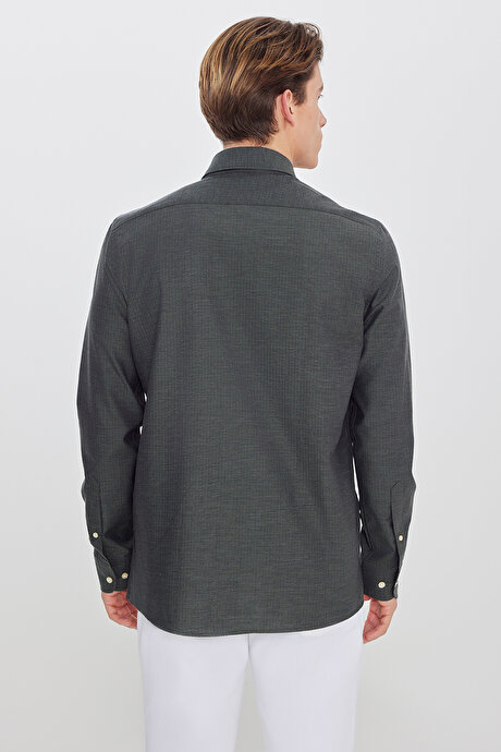 %100 Pamuk Slim Fit Dar Kesim Gizli Düğme Yaka Balıksırtı Desenli Haki Gömlek resmi