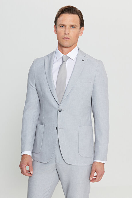 Taşıma Torbalı Slim Fit Dar Kesim Kırlangıç Yaka Beli Bağlamalı Gri Takım Elbise resmi