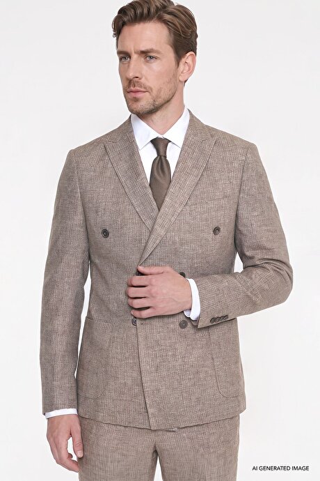 Keten Slim Fit Dar Kesim Kırlangıç Yaka Torba Cepli Çizgili Kruvaze Kahverengi Takım Elbise resmi