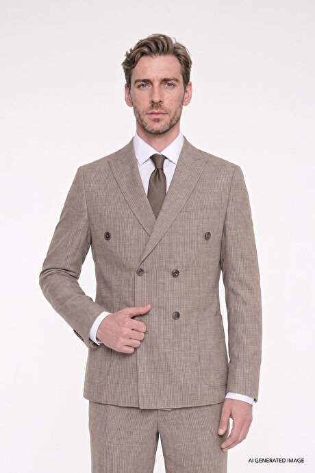 Keten Slim Fit Dar Kesim Kırlangıç Yaka Torba Cepli Çizgili Kruvaze Kahverengi Takım Elbise resmi
