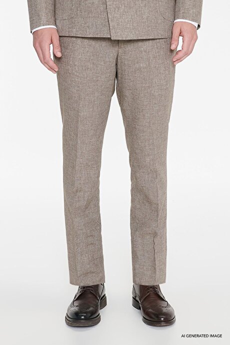 Keten Slim Fit Dar Kesim Kırlangıç Yaka Torba Cepli Çizgili Kruvaze Kahverengi Takım Elbise resmi