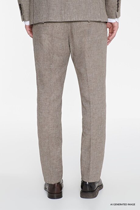 Keten Slim Fit Dar Kesim Kırlangıç Yaka Torba Cepli Çizgili Kruvaze Kahverengi Takım Elbise resmi