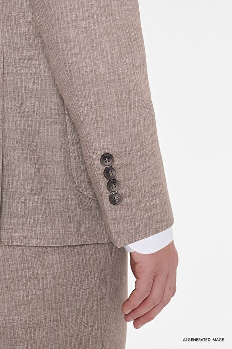 Keten Slim Fit Dar Kesim Kırlangıç Yaka Torba Cepli Çizgili Kruvaze Kahverengi Takım Elbise resmi