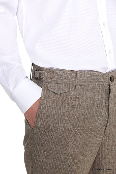 Keten Slim Fit Dar Kesim Kırlangıç Yaka Torba Cepli Çizgili Kruvaze Kahverengi Takım Elbise resmi
