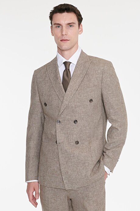 Keten Slim Fit Dar Kesim Kırlangıç Yaka Torba Cepli Çizgili Kruvaze Kahverengi Takım Elbise resmi