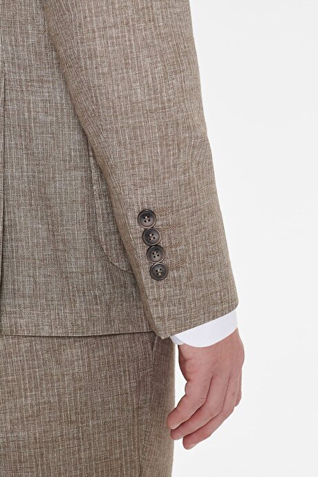 Keten Slim Fit Dar Kesim Kırlangıç Yaka Torba Cepli Çizgili Kruvaze Kahverengi Takım Elbise resmi