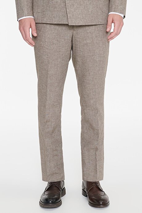Keten Slim Fit Dar Kesim Kırlangıç Yaka Torba Cepli Çizgili Kruvaze Kahverengi Takım Elbise resmi