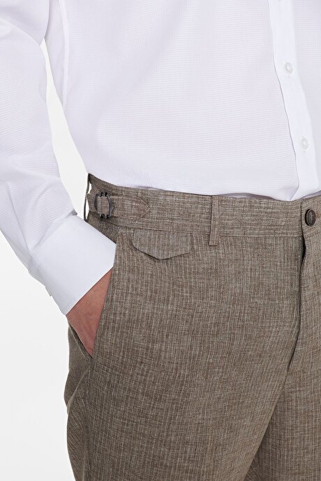 Keten Slim Fit Dar Kesim Kırlangıç Yaka Torba Cepli Çizgili Kruvaze Kahverengi Takım Elbise resmi