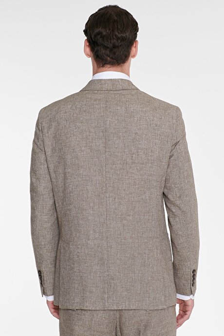 Keten Slim Fit Dar Kesim Kırlangıç Yaka Torba Cepli Çizgili Kruvaze Kahverengi Takım Elbise resmi
