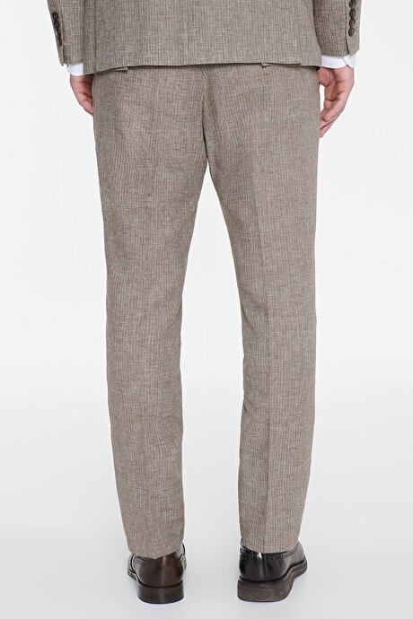 Keten Slim Fit Dar Kesim Kırlangıç Yaka Torba Cepli Çizgili Kruvaze Kahverengi Takım Elbise resmi