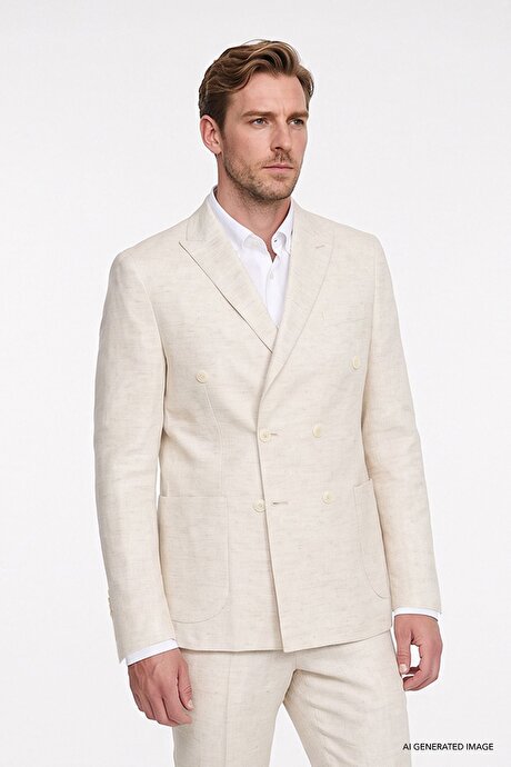 Keten Slim Fit Dar Kesim Kırlangıç Yaka Normal Bel Torba Cepli Desenli Bej Takım Elbise resmi