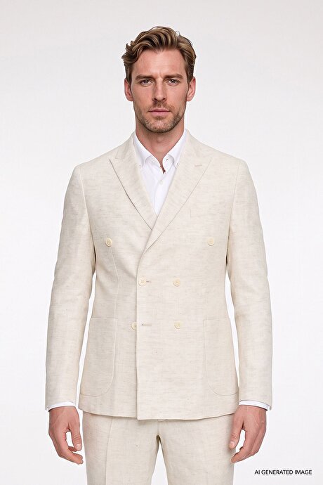 Keten Slim Fit Dar Kesim Kırlangıç Yaka Normal Bel Torba Cepli Desenli Bej Takım Elbise resmi