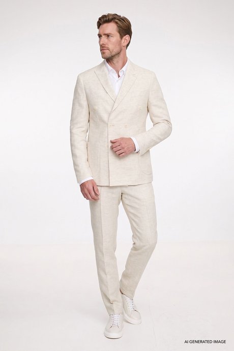 Keten Slim Fit Dar Kesim Kırlangıç Yaka Normal Bel Torba Cepli Desenli Bej Takım Elbise resmi