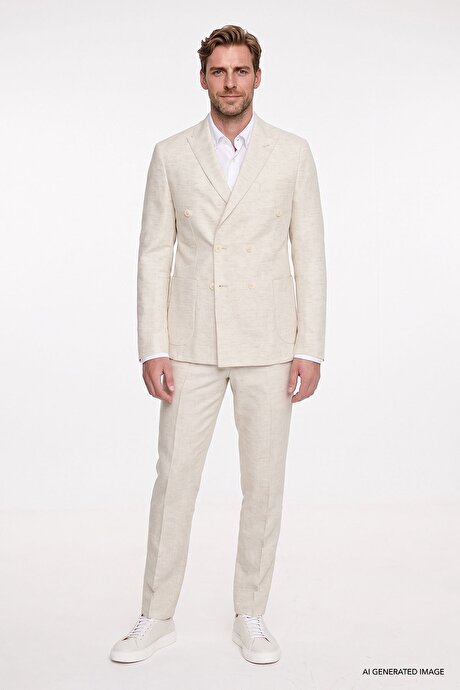Keten Slim Fit Dar Kesim Kırlangıç Yaka Normal Bel Torba Cepli Desenli Bej Takım Elbise resmi
