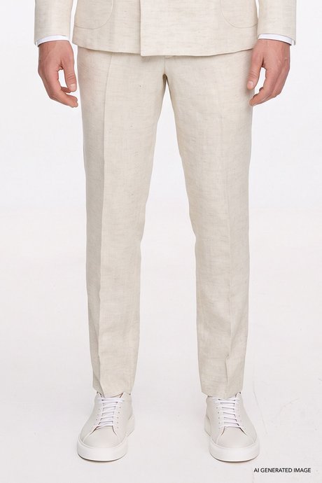 Keten Slim Fit Dar Kesim Kırlangıç Yaka Normal Bel Torba Cepli Desenli Bej Takım Elbise resmi