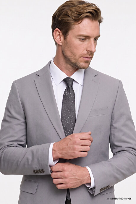 Keten Pamuklu Slim Fit Dar Kesim Mono Yaka Kapak Cepli Gri Takım Elbise resmi