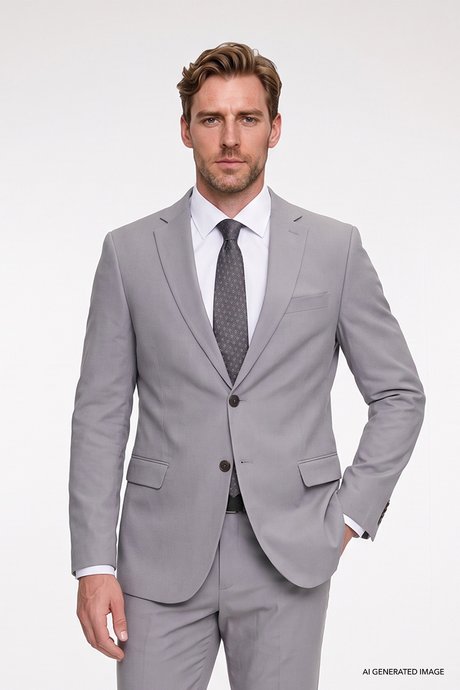 Keten Pamuklu Slim Fit Dar Kesim Mono Yaka Kapak Cepli Gri Takım Elbise resmi
