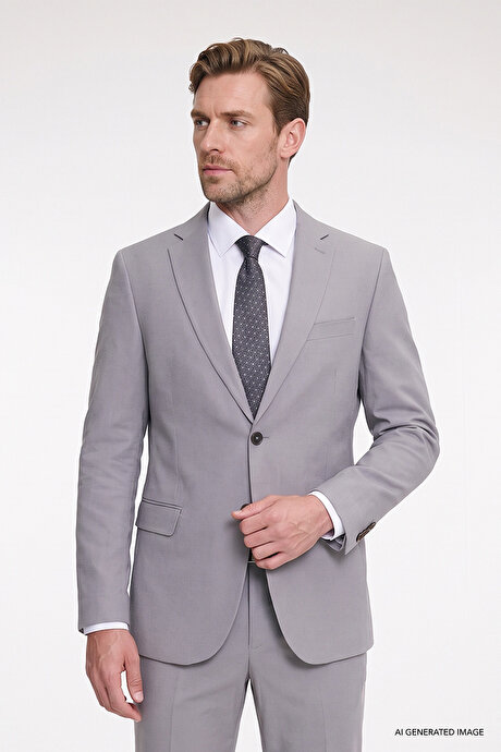 Keten Pamuklu Slim Fit Dar Kesim Mono Yaka Kapak Cepli Gri Takım Elbise resmi