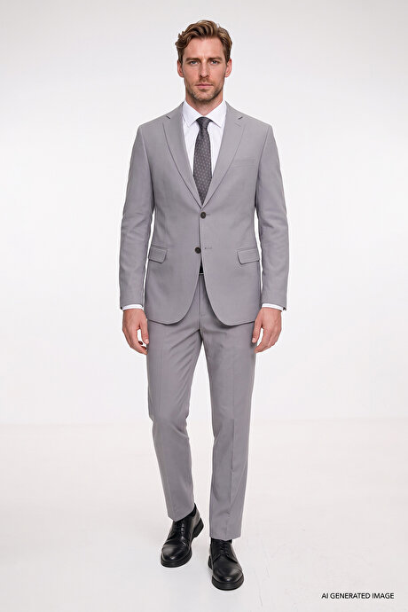 Keten Pamuklu Slim Fit Dar Kesim Mono Yaka Kapak Cepli Gri Takım Elbise resmi