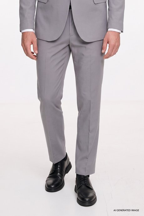 Keten Pamuklu Slim Fit Dar Kesim Mono Yaka Kapak Cepli Gri Takım Elbise resmi