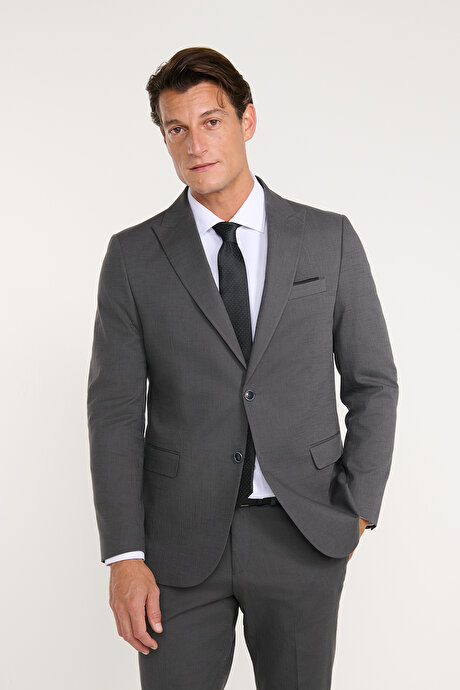 Pamuklu Slim Fit Dar Kesim Kırlangıç Yaka Kapak Cepli Antrasit Takım Elbise resmi