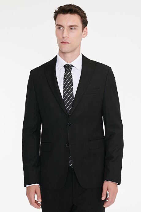 Slim Fit Dar Kesim Kırlangıç Yaka Kapak Cepli Kareli Siyah Takım Elbise resmi