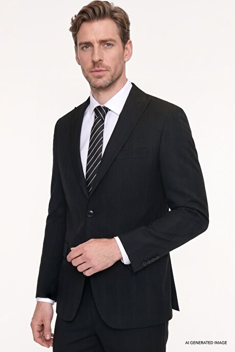 Slim Fit Dar Kesim Kırlangıç Yaka Kapak Cepli Kareli Siyah Takım Elbise resmi