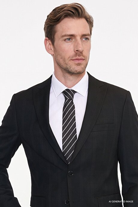 Slim Fit Dar Kesim Kırlangıç Yaka Kapak Cepli Kareli Siyah Takım Elbise resmi