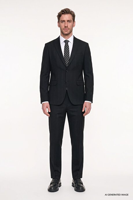 Slim Fit Dar Kesim Kırlangıç Yaka Kapak Cepli Kareli Siyah Takım Elbise resmi
