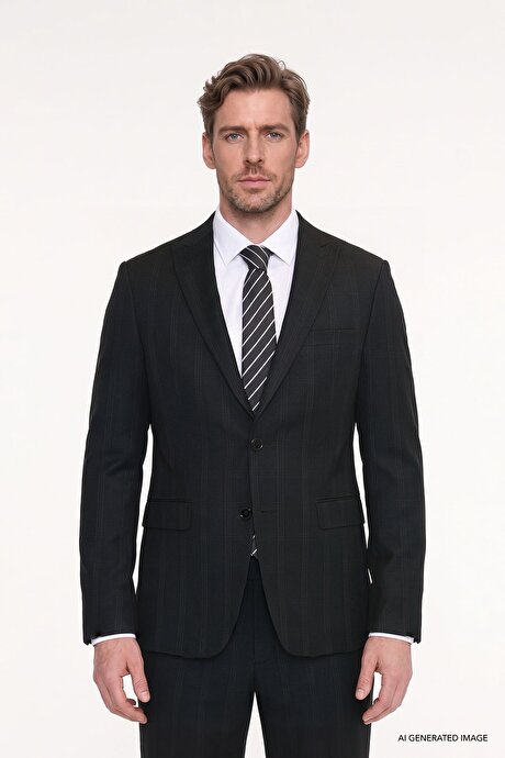 Slim Fit Dar Kesim Kırlangıç Yaka Kapak Cepli Kareli Siyah Takım Elbise resmi