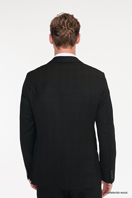 Slim Fit Dar Kesim Kırlangıç Yaka Kapak Cepli Kareli Siyah Takım Elbise resmi