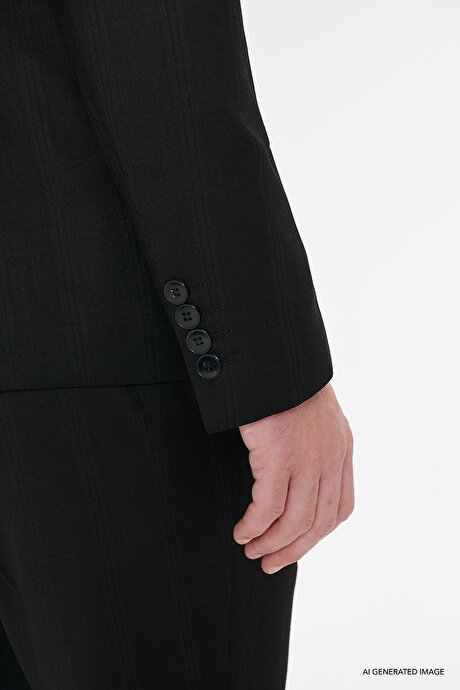 Slim Fit Dar Kesim Kırlangıç Yaka Kapak Cepli Kareli Siyah Takım Elbise resmi