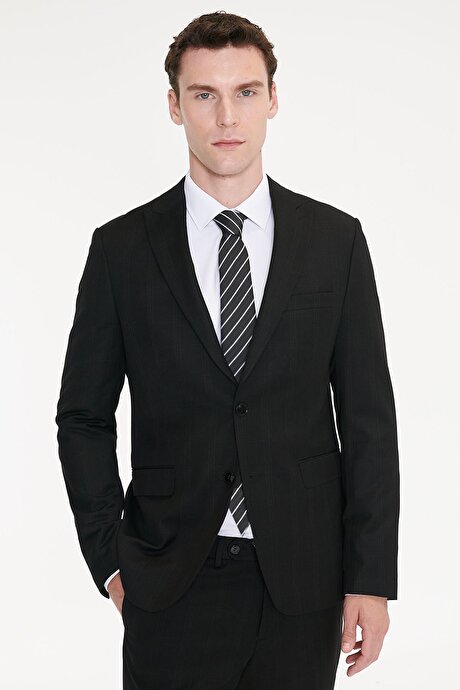 Slim Fit Dar Kesim Kırlangıç Yaka Kapak Cepli Kareli Siyah Takım Elbise resmi