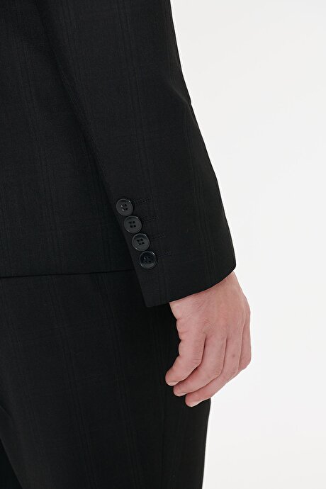 Slim Fit Dar Kesim Kırlangıç Yaka Kapak Cepli Kareli Siyah Takım Elbise resmi