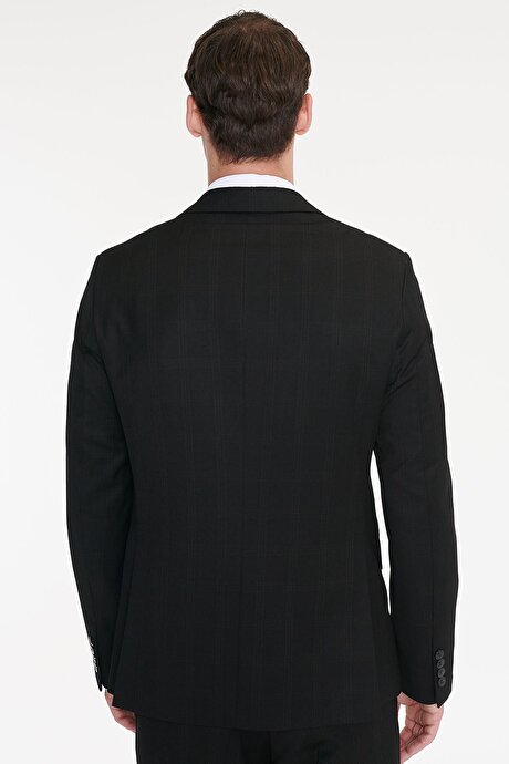 Slim Fit Dar Kesim Kırlangıç Yaka Kapak Cepli Kareli Siyah Takım Elbise resmi