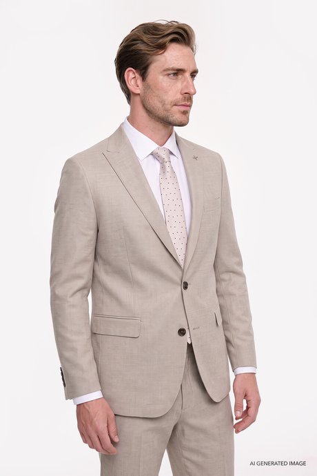 Slim Fit Dar Kesim Kırlangıç Yaka Kapak Cepli Bej Takım Elbise resmi