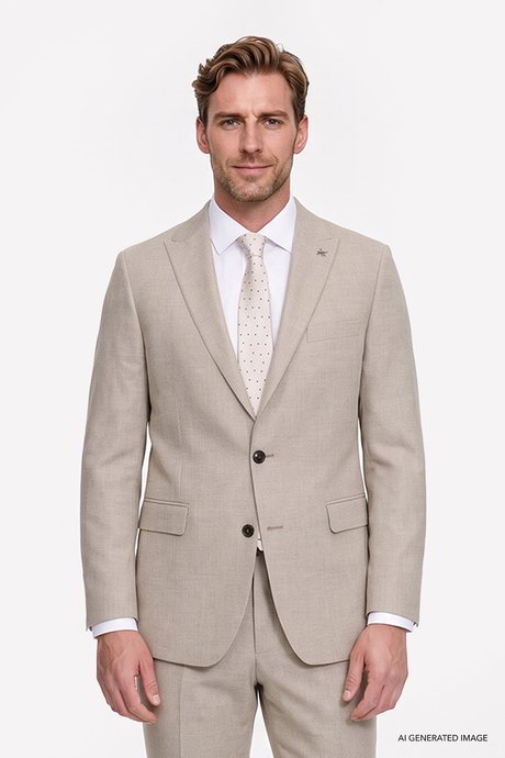 Slim Fit Dar Kesim Kırlangıç Yaka Kapak Cepli Bej Takım Elbise resmi