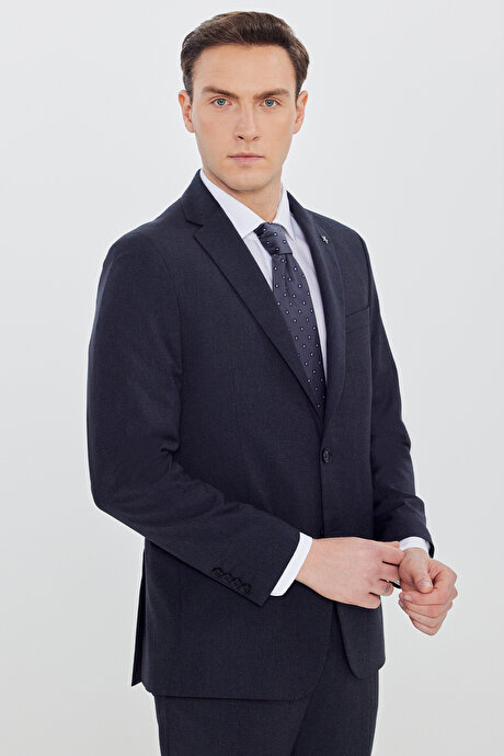 Slim Fit Dar Kesim Mono Yaka Kapak Cep Esnek Lacivert Takım Elbise resmi