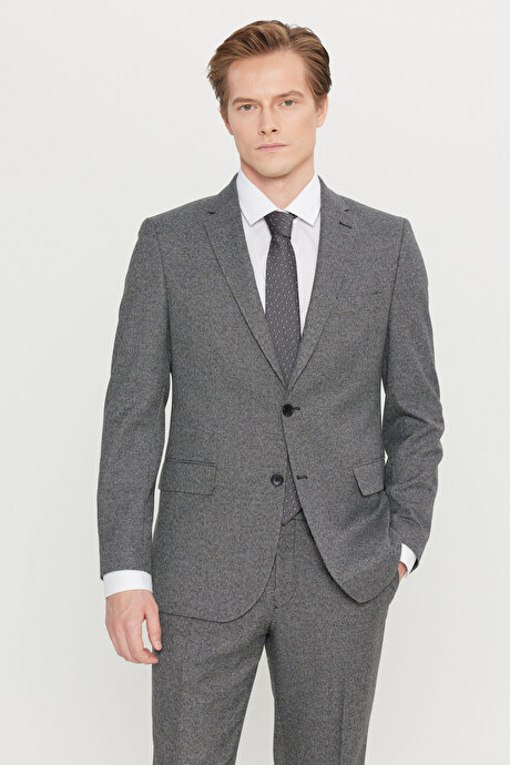 Slim Fit Dar Kesim Mono Yaka Kapak Cepli Kazayağı Desenli Gri-Siyah Takım Elbise resmi